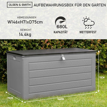 Olsen & Smith Gartenschuppen mit großem Fassungsvermögen, 680 l, mit Vorhängeschloss-Box, Kunststoffschuppen – wetterfest und zum Sitzen, mit Truhe in Holzoptik (680 l, anthrazit)